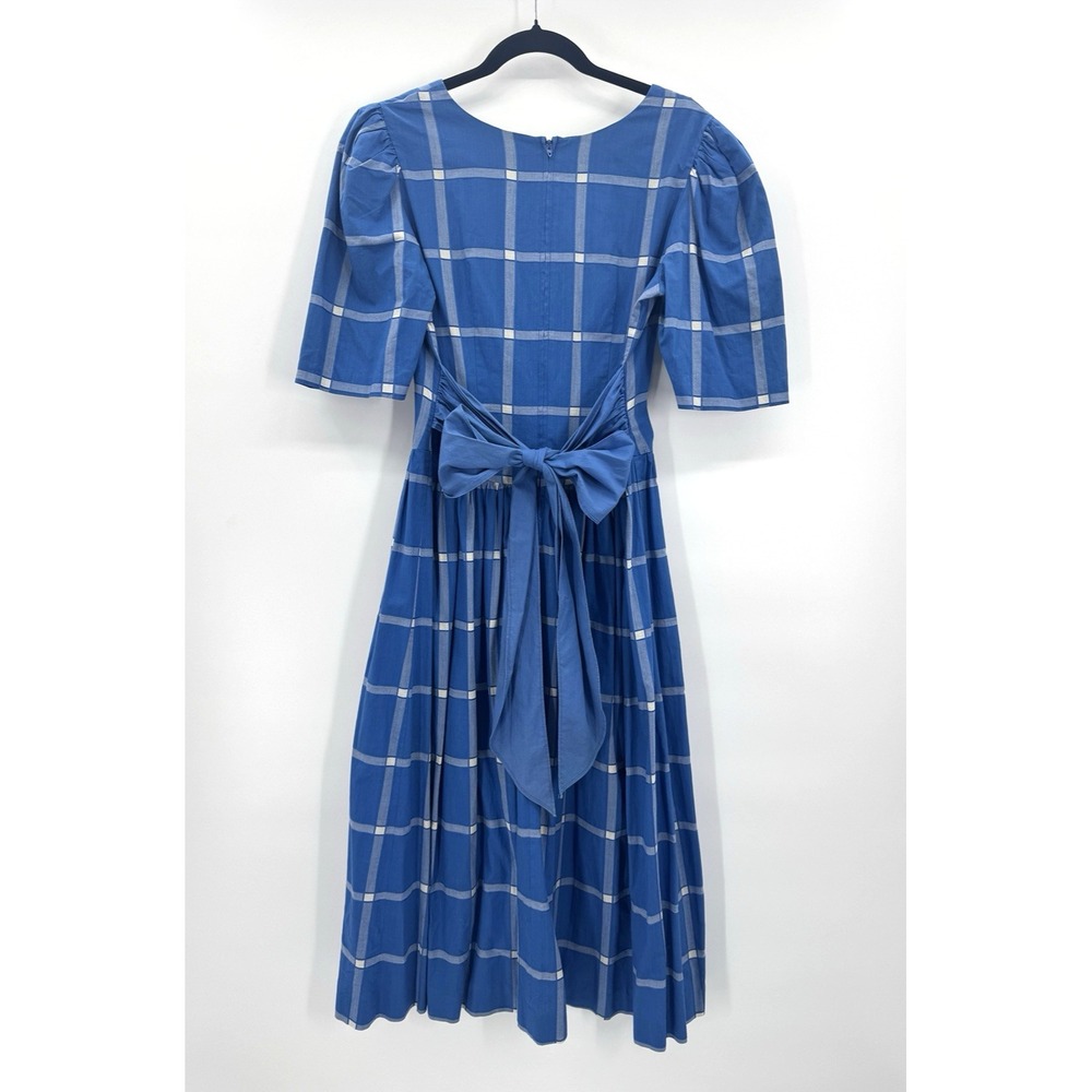 Genuine VTG Cottage Dress 8 Blue Plaid Puff Sleeve Bow Tie Prairie Retro Classic